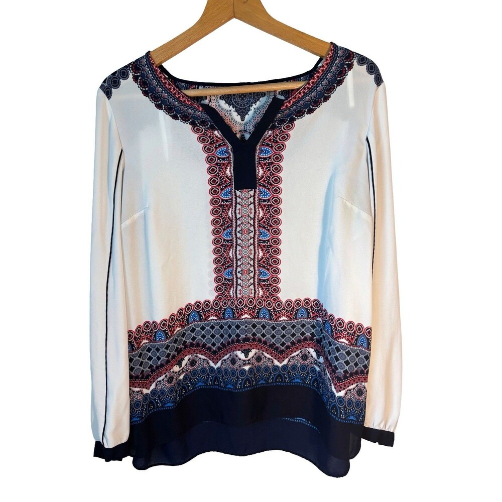 Adrianna Papell Sheer Tunic Blouse White Sz Large Career Mandala Ikat Folk
